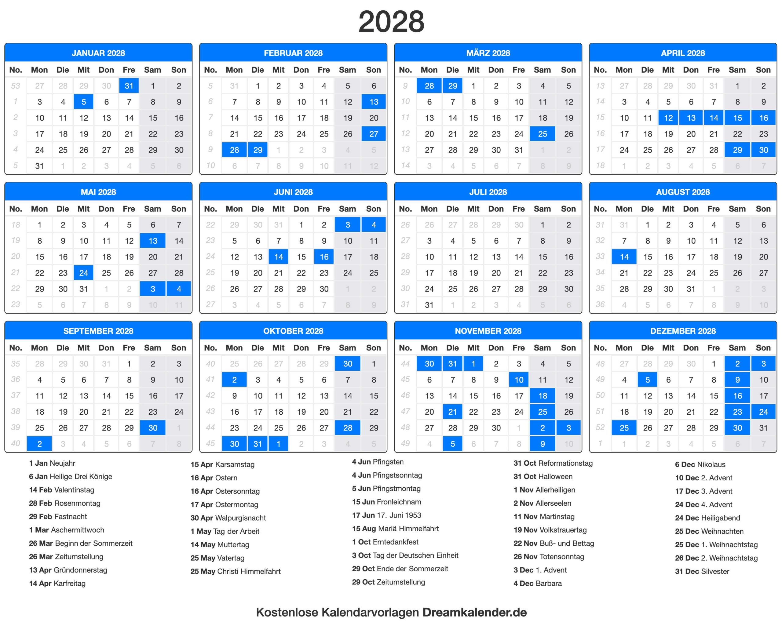 Kalender 2028 Mit Feiertagen Holiday Calendar 2028 For Germany (sunday Start)