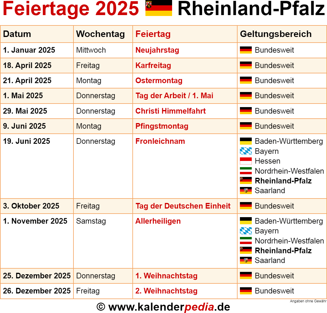 Kalender Rheinland Pfalz 2025 Feiertage Rheinland-pfalz 2025