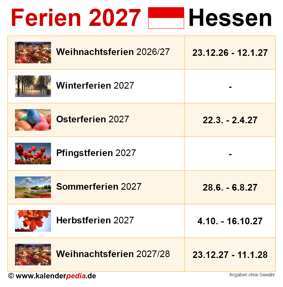 Ferien Hessen 2027 - &Uuml;bersicht der Ferientermine
